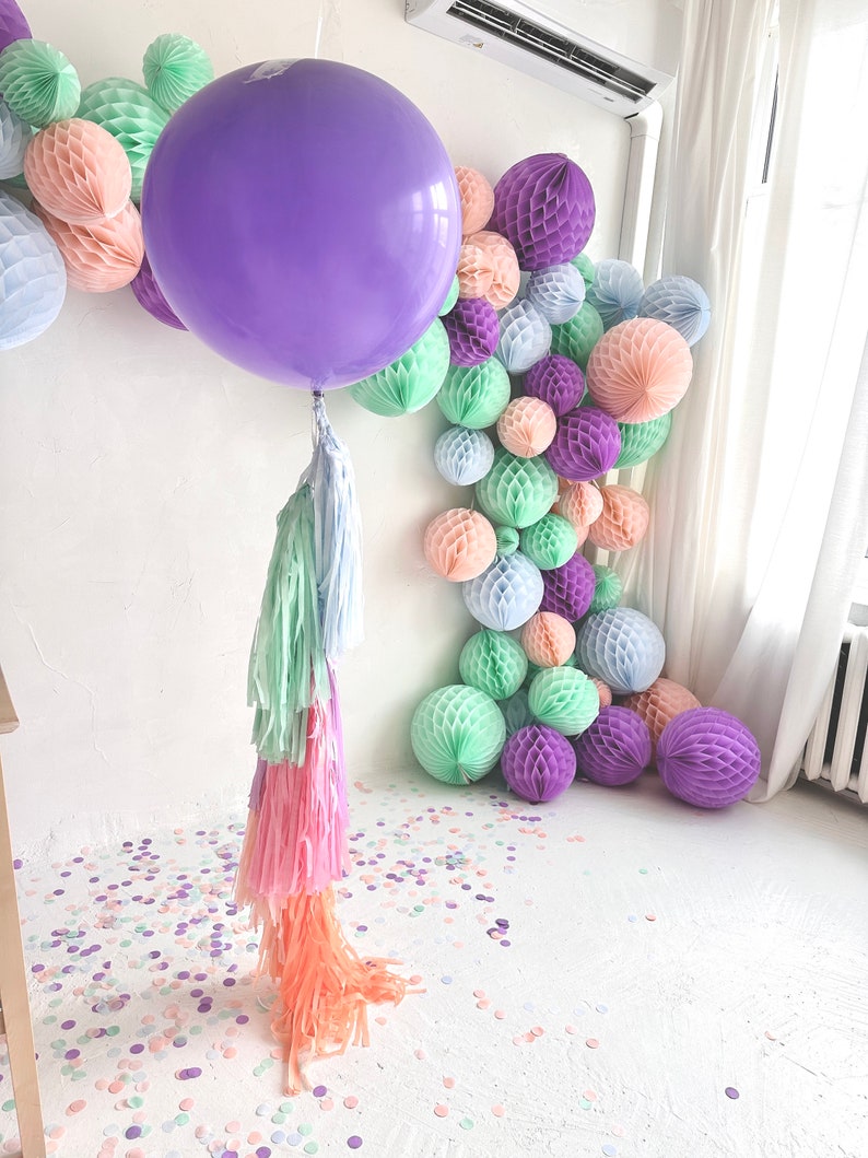 Lavender giant balloon and Paper tassel tail Fringe garland baby shower, gender reveal, wedding birthday party lilac blush mint light blue image 8