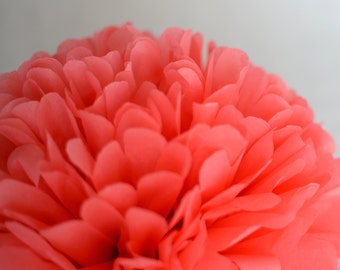 May include: Close-up of a coral-colored paper flower. The petals are layered and create a full, rounded shape. The flower is in focus, with a soft, blurred background. The color is a vibrant, warm hue.