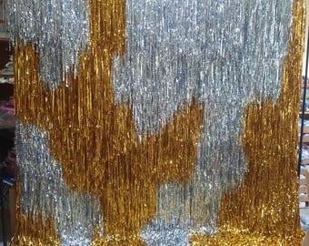 Sfondo da parete con frange dorate e argentate, decorazioni per feste, compleanni, matrimoni, photo booth, festival, eventi