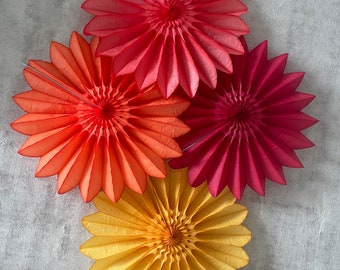 Set of 4 LARGE Paper Fans in Fall Colors - Party Decorations in Orange, Yellow, Coral, and Deep Red 26” Diameter - home decor gift, backdrop