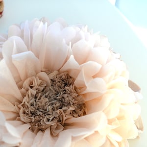 May include: A large, pale pink tissue paper flower with a brown center. The flower is made of many layers of tissue paper and has a delicate, feminine look.