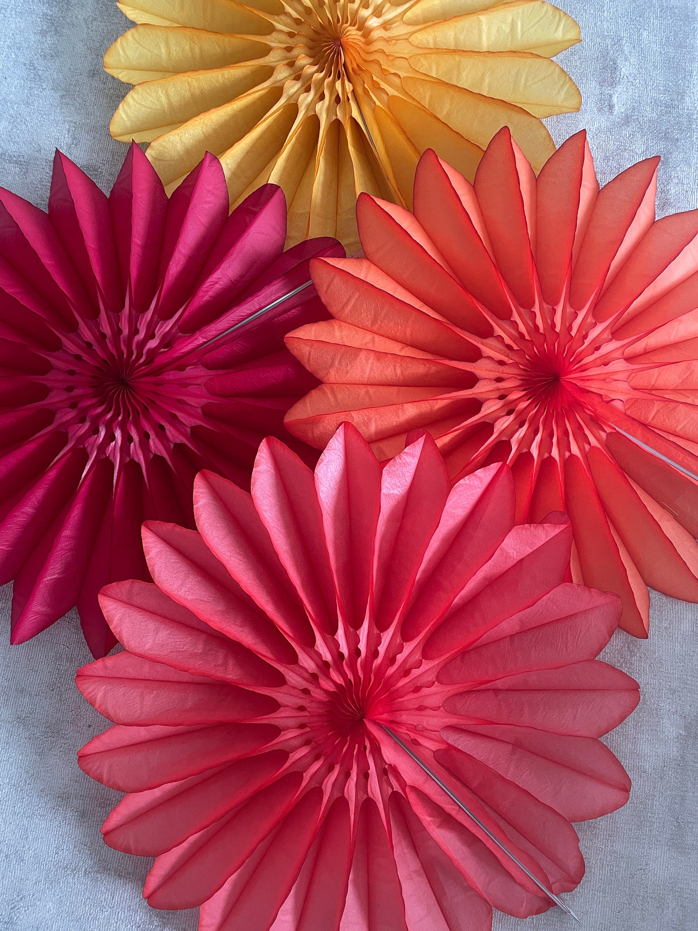 Paper fans - fall colours - party decoration set of 4 - orange yellow coral and deep red - 26" diameter