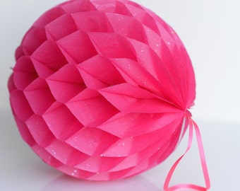 Hot pink diamonds paper honeycomb ball | Sparkling paper pom poms | Bachelorette party decor | Hen party decor