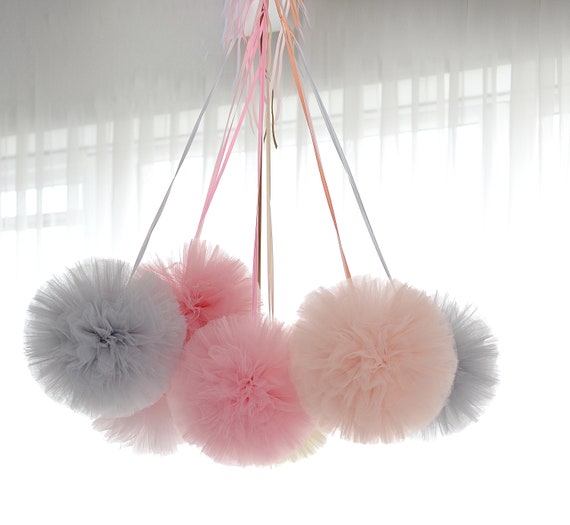 10 Small Tulle Pom Poms Set Baby Shower Decorations 1st