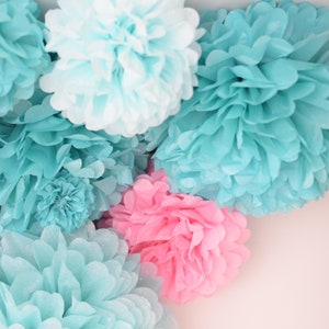 Decorazioni per feste con pompon di carta blu acqua e rosa, 12 pezzi, fiori di carta, matrimoni, feste di rivelazione del sesso, feste di compleanno, decorazioni per baby shower