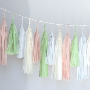 Decorazioni per feste con ghirlande di nappe in carta pastello - personalizzabili - completamente realizzate - striscione decorativo per feste di compleanno, baby shower, matrimonio, rosa e salvia