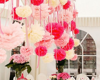 Lot de 12 pompons en papier de soie | Pompons en papier pour mariage | Fleurs en papier pastel | Décoration de mariage moyenne et grande