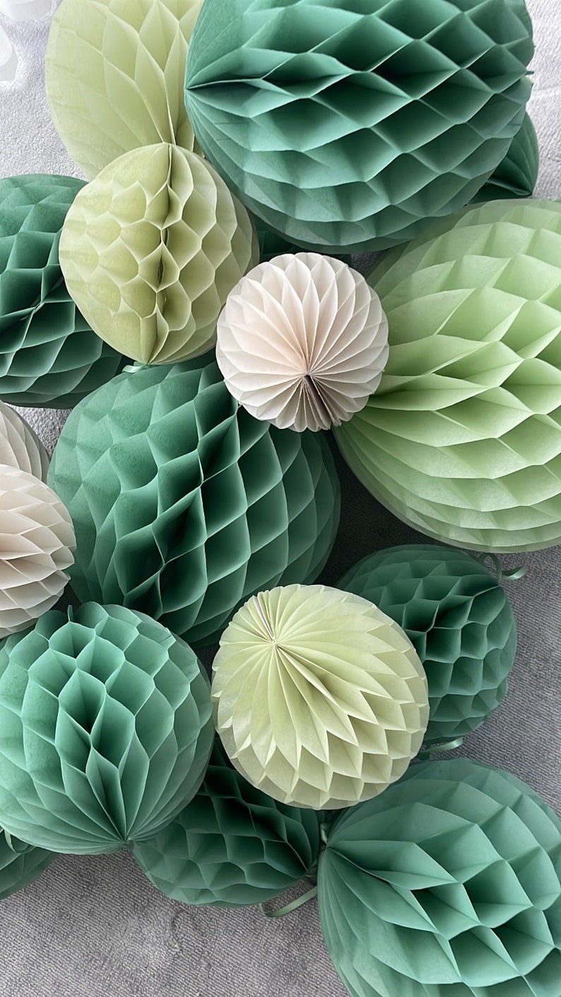 Paper Honeycomb Set party decorations in Sage Green, Celery, Light Green, Almond Milk Decorations for wedding, birthday party, baby shower image 3