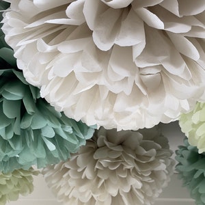 Pom pom set of 16 sage green Tissue paper pom poms dusty green Paper flowers Wedding decor cream and green party decor image 2