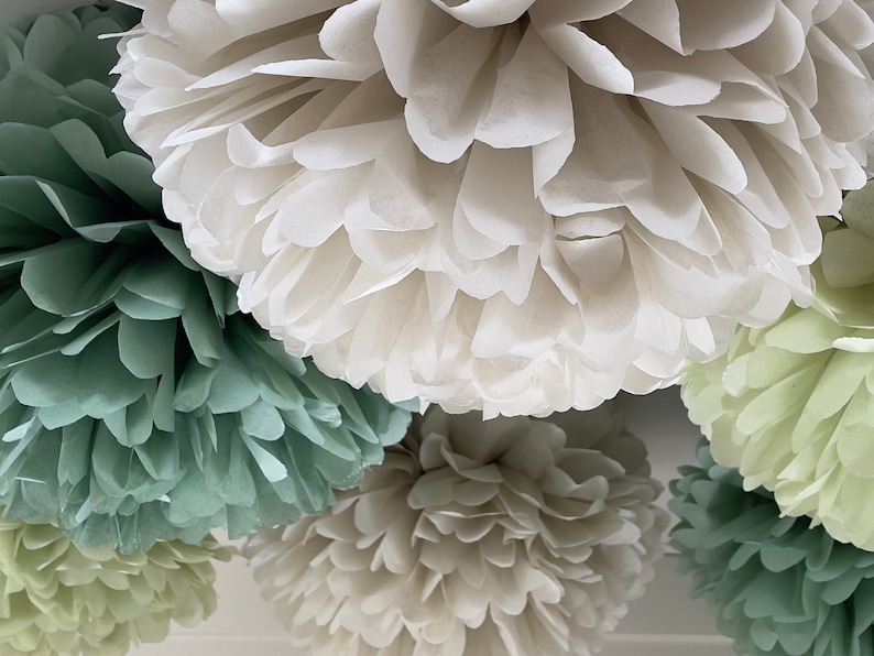 Pom pom set of 16 sage green Tissue paper pom poms dusty green Paper flowers Wedding decor cream and green party decor image 2