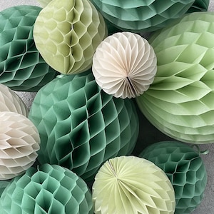 Paper Honeycomb Set party decorations in Sage Green, Celery, Light Green, Almond Milk Decorations for wedding, birthday party, baby shower image 9