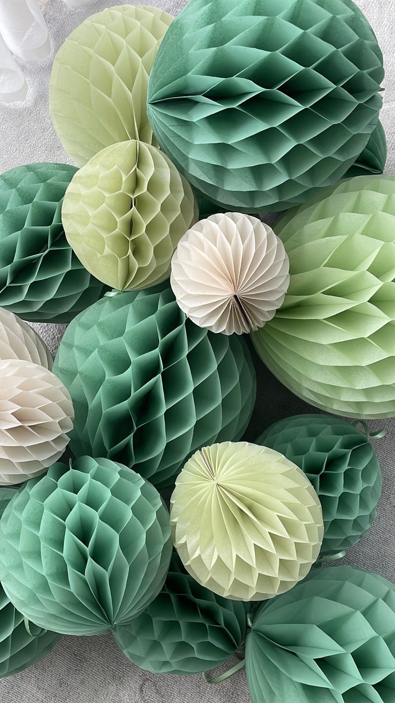 Paper Honeycomb Set party decorations in Sage Green, Celery, Light Green, Almond Milk Decorations for wedding, birthday party, baby shower image 9