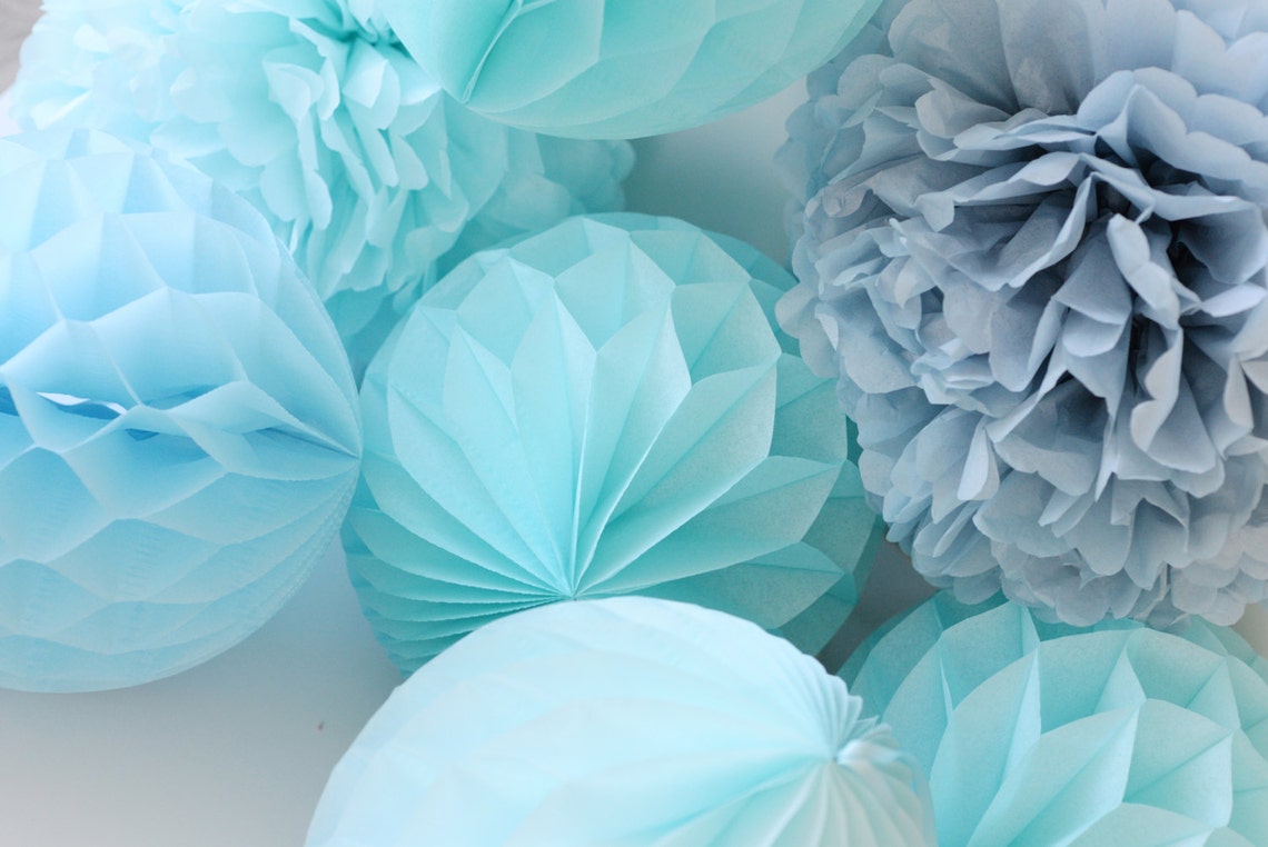 Baby Blue Paper Pom Pom Set Baby Shower Decor Set Paper Etsy
