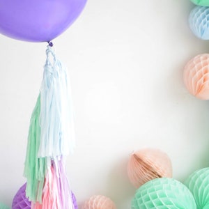 Palloncino gigante color lavanda e coda di nappa di carta, ghirlanda di frange, baby shower, rivelazione del sesso, festa di compleanno per matrimonio, lilla, blush, menta, azzurro