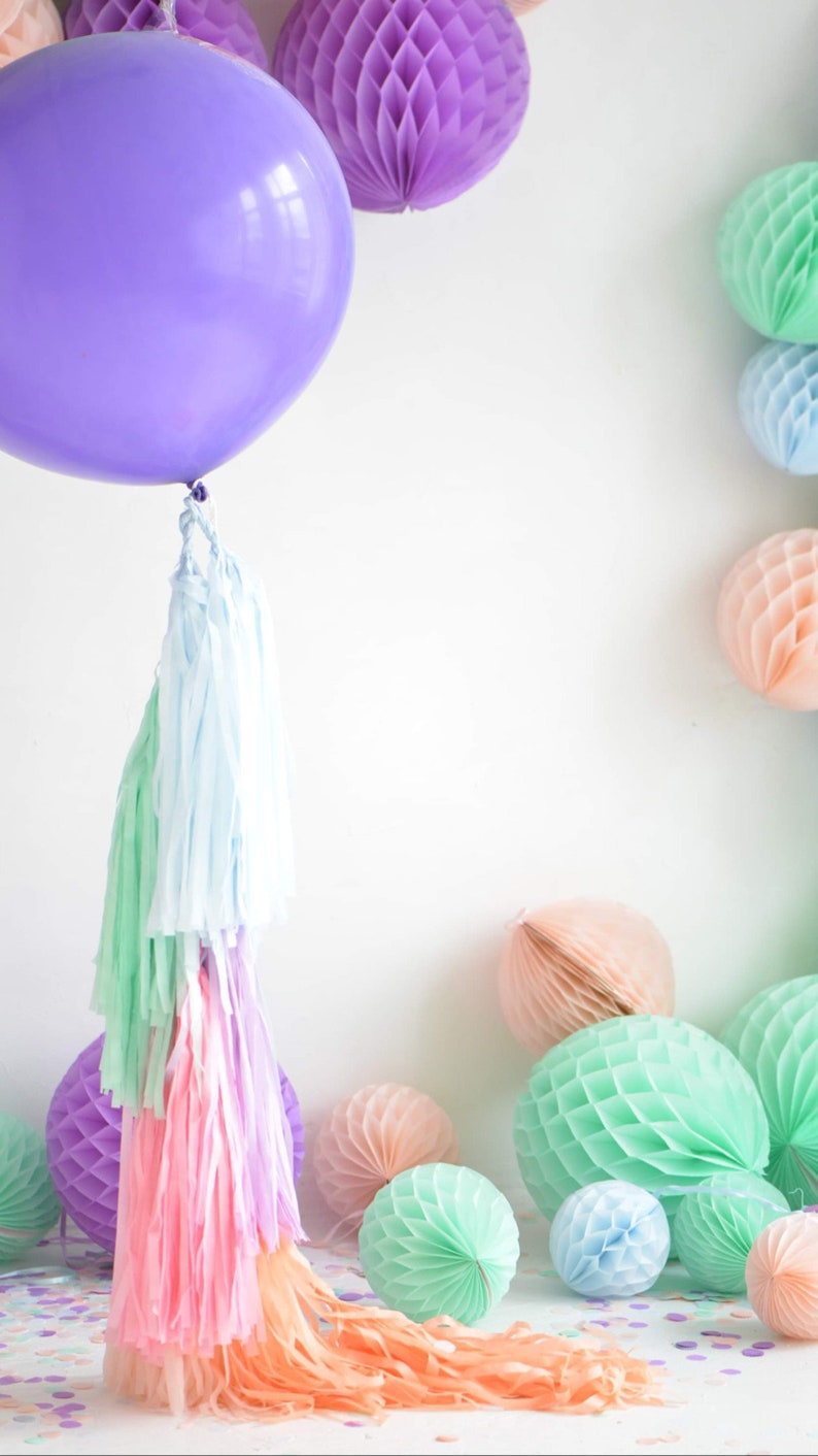 Lavender giant balloon and Paper tassel tail Fringe garland baby shower, gender reveal, wedding birthday party lilac blush mint light blue image 1