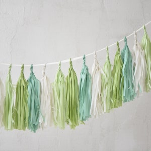 Sage Green and cream paper tassel garland dusty green  fringe banner for 1st Birthday, baby shower, wedding, bridal shower, birthday  deco