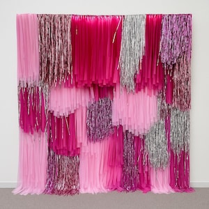 Pink and shimmer Fringe Backdrop, Photo Wall, Streamer Wall, party Decorations, Rainbow Colour Backdrop Party Disco Streamer Backdrop