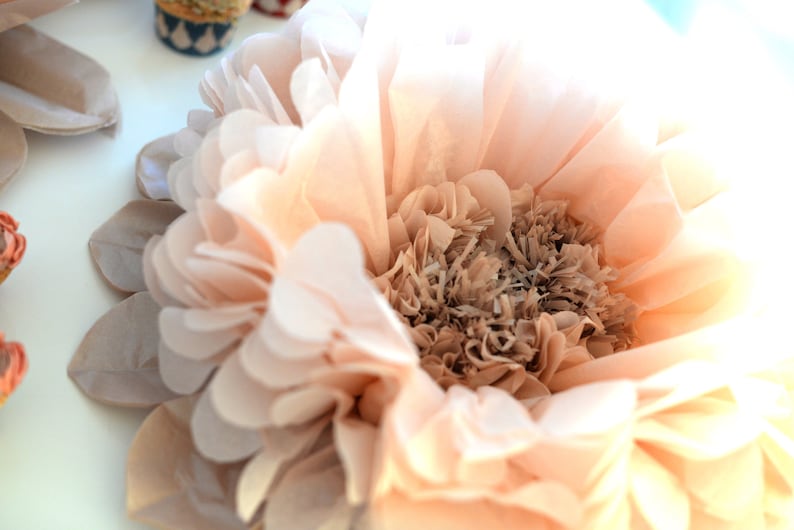 May include: A large, peach-colored tissue paper flower with a brown center. The flower is made of many layers of tissue paper and has a delicate, ruffled appearance.