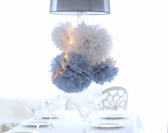 Dusty blue and white paper pom pom party decorations set of 64 PSC baby shower decor boho Weding birthday party decorations - bulk order