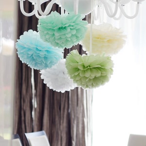 Set di pompon di carta pastello / 5 pompon di carta velina grandi color menta / Decorazione per baby shower per bambini