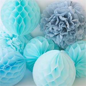 Set di pompon di carta celeste e nido d'ape di carta / Set di decorazioni per baby shower / Fiori di carta / Palline di carta velina Decorazioni per matrimoni