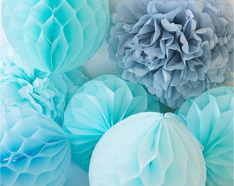 Baby blue paper pom pom set | Baby shower decor set | Paper flowers | Tissue paper balls