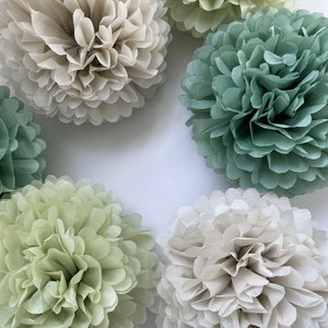 Pom pom set of 16 sage green Tissue paper pom poms dusty green Paper flowers Wedding decor cream and green party decor image 9