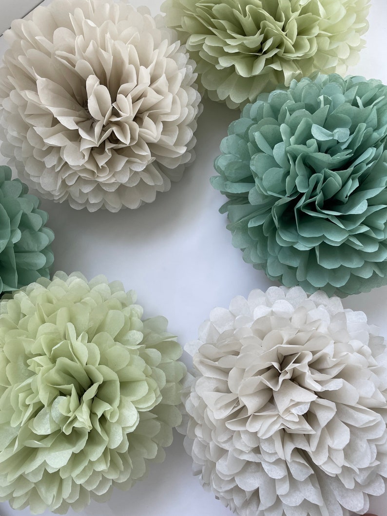 Pom pom set of 16 sage green Tissue paper pom poms dusty green Paper flowers Wedding decor cream and green party decor image 9