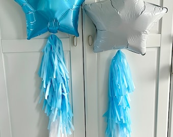 Star shaped mylar balloon with paper tassel tail in custom colors  Baby shower  wedding birthday decor gift