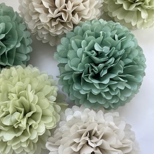 Pom pom set of 16 sage green Tissue paper pom poms dusty green Paper flowers Wedding decor cream and green party decor image 4