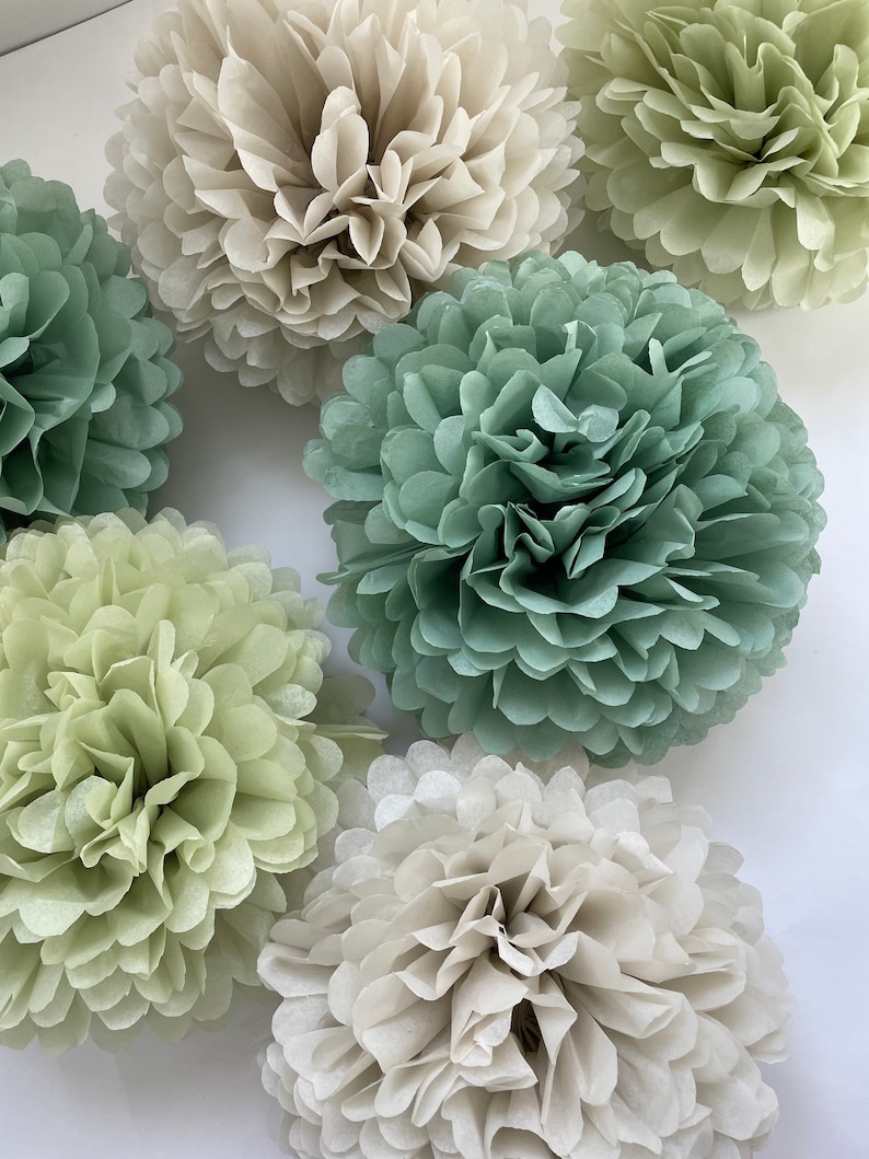 Pom pom set of 16 sage green Tissue paper pom poms dusty green Paper flowers Wedding decor cream and green party decor image 4