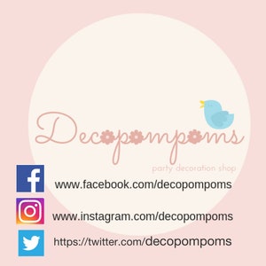 May include: A pink and white logo with the text "Deco*pom*pom*s party decoration shop" and social media icons for Facebook, Instagram, and Twitter. The logo also features a blue bird with a yellow beak.