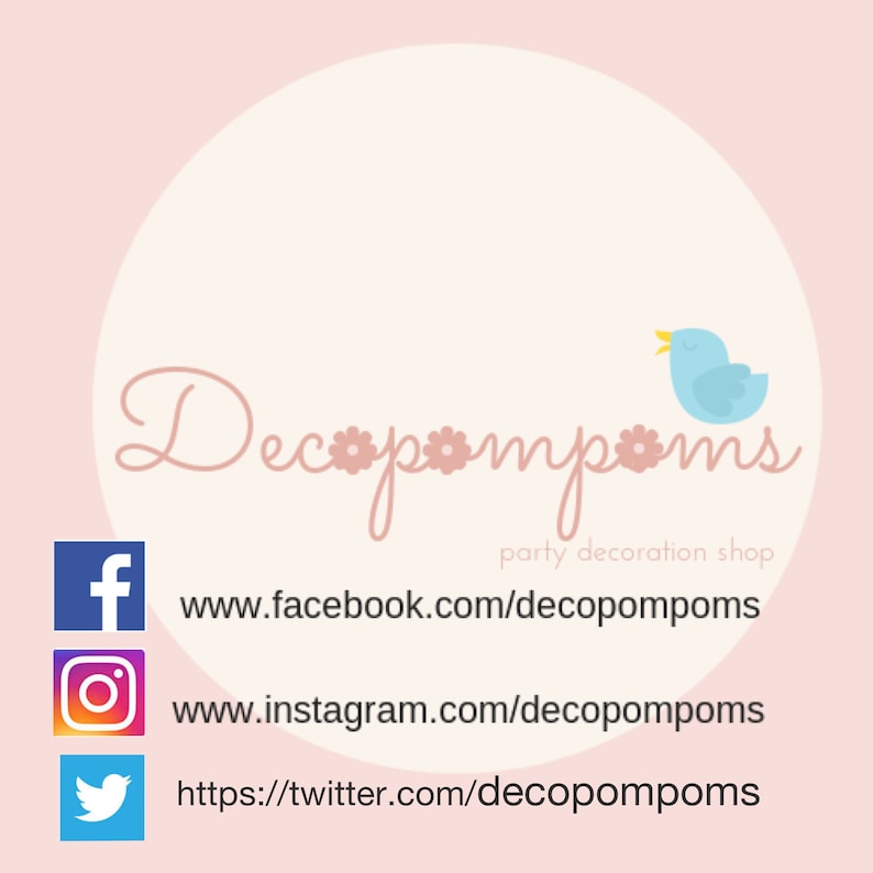 May include: A pink and white logo with the text "Deco*pom*pom*s party decoration shop" and social media icons for Facebook, Instagram, and Twitter. The logo also features a blue bird with a yellow beak.