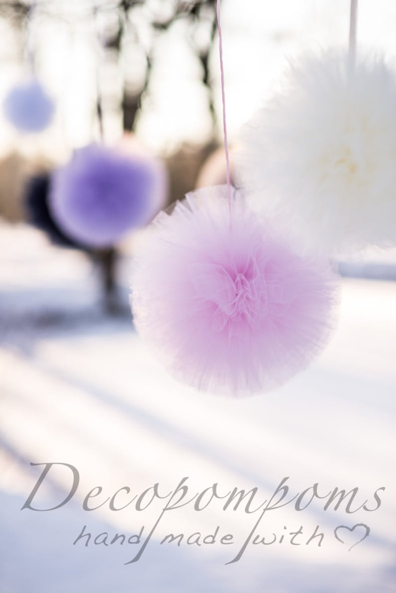 6 Piece Tulle Pom Pom Set Mixed Sizes CUSTOM COLOUR Wedding Tulle Decor for Events kindergarten decorations nursery decor gift for baby image 2