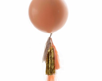 Giant peach balloon with paper tassel tail gold, tan, peach customisable birthday decorations, wedding, baby shower, bridal shower decor