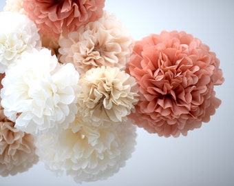 Paper pompom set 12 mixed size neutral wedding decorations Paper flowers baby shower bridal shower decor Customisable