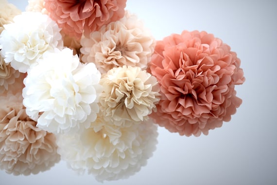 Tissue paper pom poms and wedding bouquet