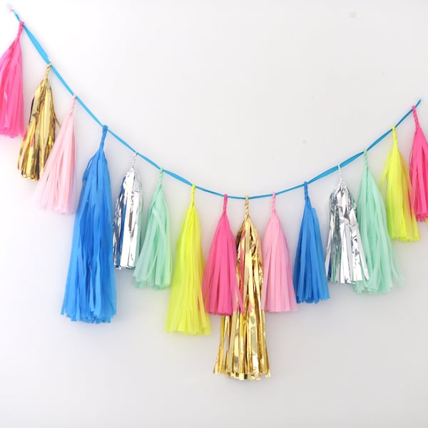 Bright  Paper Tassel Garland party decoration fully assembled  blue limon mint  pink silver and gold various lengths wedding birthday deco