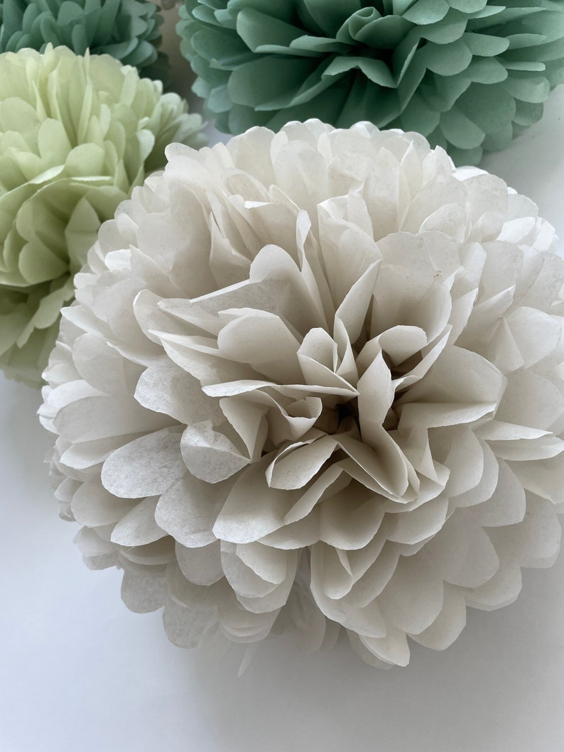 Pom pom set of 16 sage green Tissue paper pom poms dusty green Paper flowers Wedding decor cream and green party decor image 7