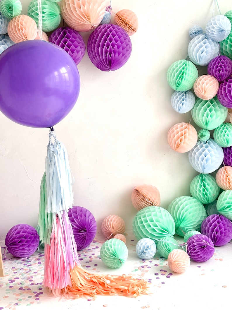 Lavender giant balloon and Paper tassel tail Fringe garland baby shower, gender reveal, wedding birthday party lilac blush mint light blue image 9