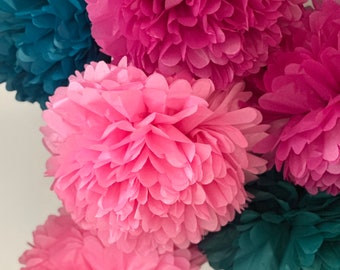 Fuchsia, pink, teal green and peacock paper pom poms set Tea party Paper flowers set of 10 Rustic boho wedding decorations bridal shower