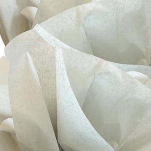Può includere: Una pila di carta velina bianca traslucida con una delicata consistenza fibrosa. I fogli sottili sono piegati e sovrapposti per creare molteplici pieghe nette e morbidi sovrapposizioni che catturano la luce, mostrando un aspetto semi-opaco.
