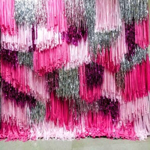 Pink and shimmer Fringe Backdrop, Photo Wall, Streamer Wall, party Decorations, Rainbow Colour Backdrop Party Disco Streamer Backdrop