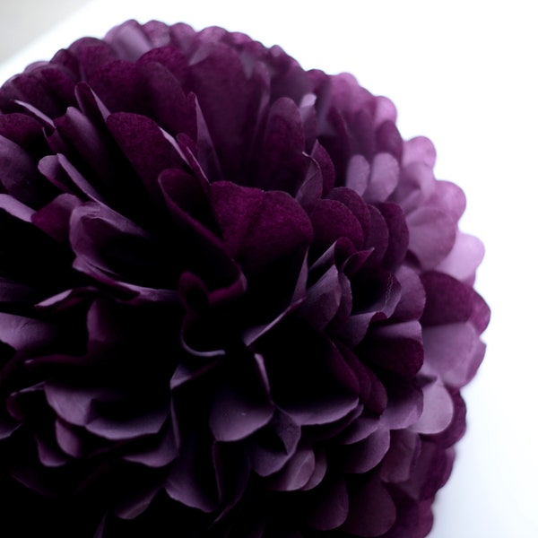 Paper pom pom in aubergine colour, various sizes Deep Purple Winter wedding decorations Birthday, bridal shower, stair, Christmas decor