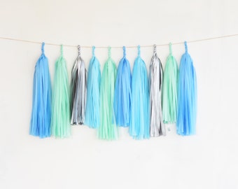 Blue, mint and silver paper Tassel Garland birthday party decorations winter theme party banner baby shower bunting high chair decor