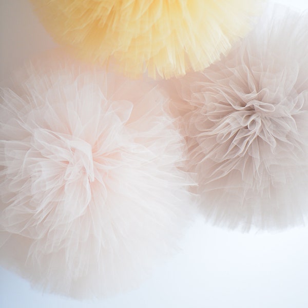 Neutral tulle pom poms set high quality soft tulle pom poms Baby shower nursery decorations 4 sizes available custom colors available