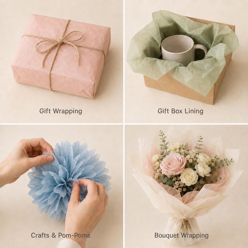 May include: A four-panel display showing tissue paper uses: a pink gift box tied with twine, a brown box lined with sage green tissue paper containing a mug, blue tissue paper being shaped into a pom-pom, and a floral bouquet wrapped in pink tissue.