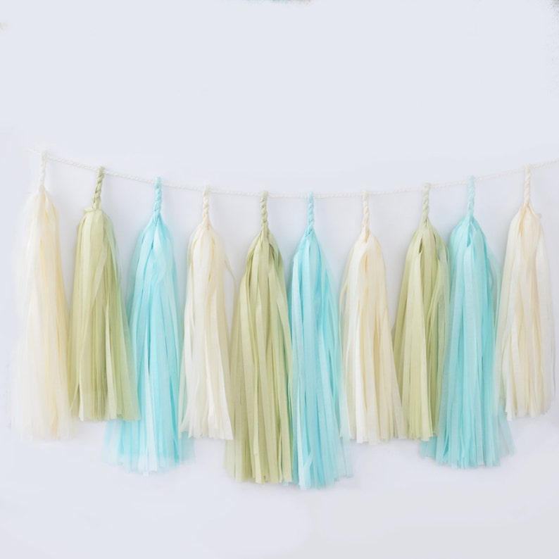 light blue and green paper tassel garland fully assembled Pastel