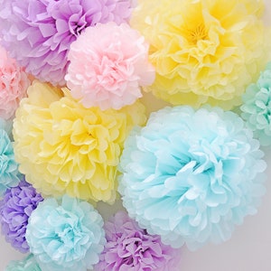 Pastel tissue paper pom poms set of 12 pastel unicorn birthday party paper flowers for wedding baby shower bridal shower gift tea party deco