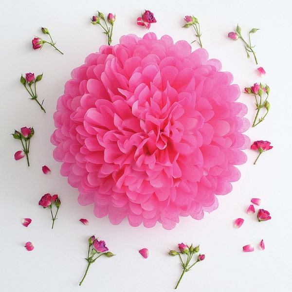 Pompons en papier rose vif - décorations de fête d'anniversaire de mariage - fleurs en papier respectueuses de l'environnement